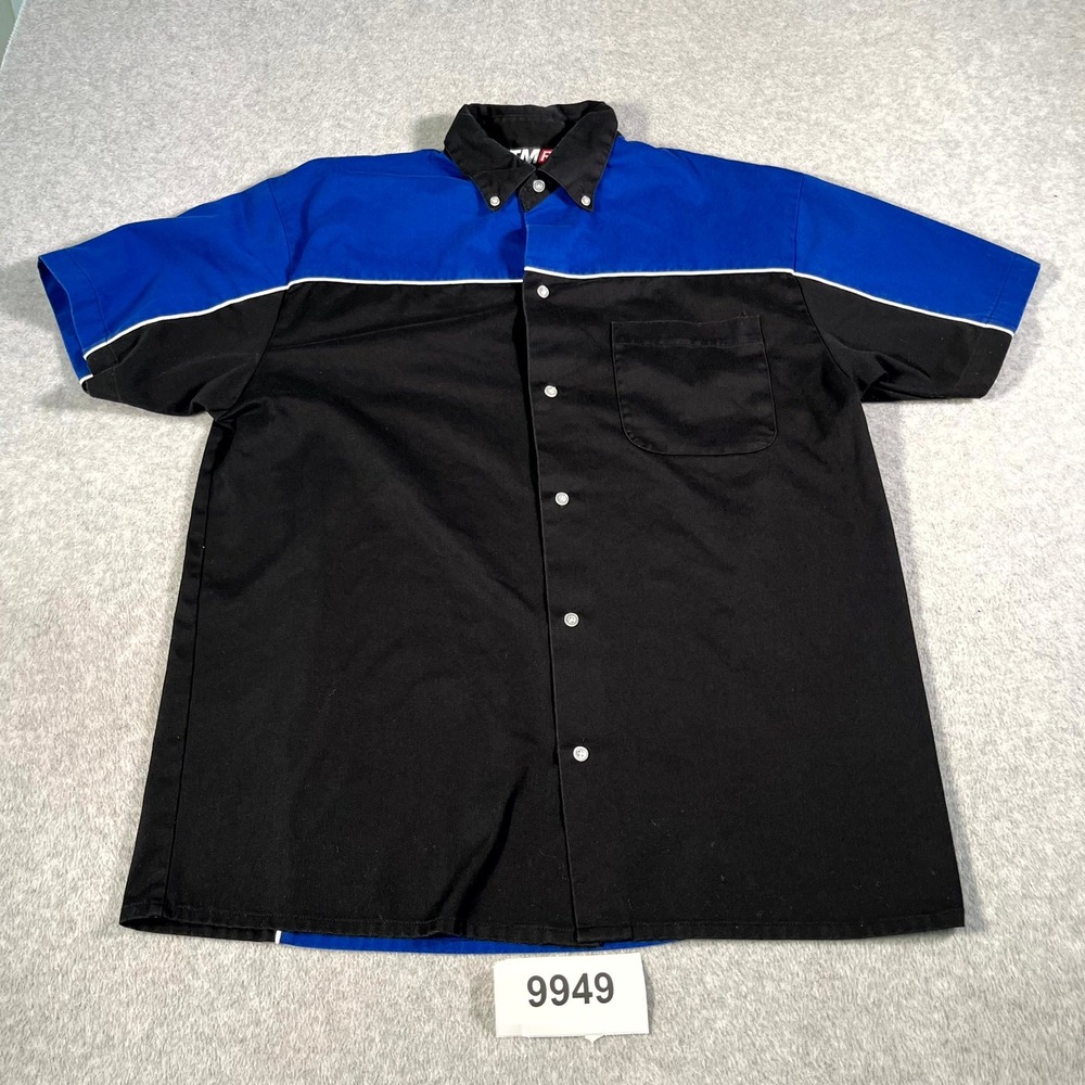 Tri-Mountain Racewear Downshifter 908 Shirt Mens L Black Blue Racing Button Down